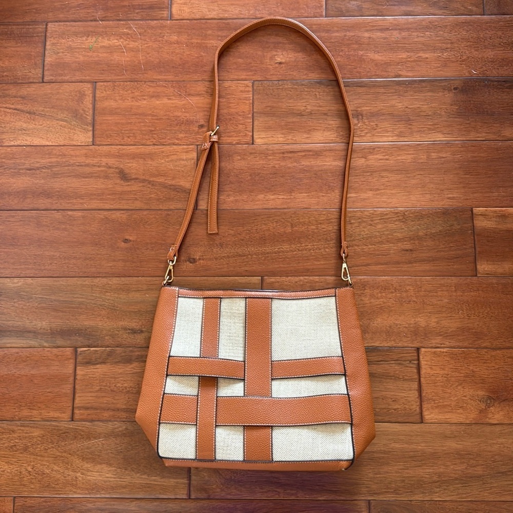 CATO Tan Faux Leather & Cotton Woven Crossbody Shoulder Bag